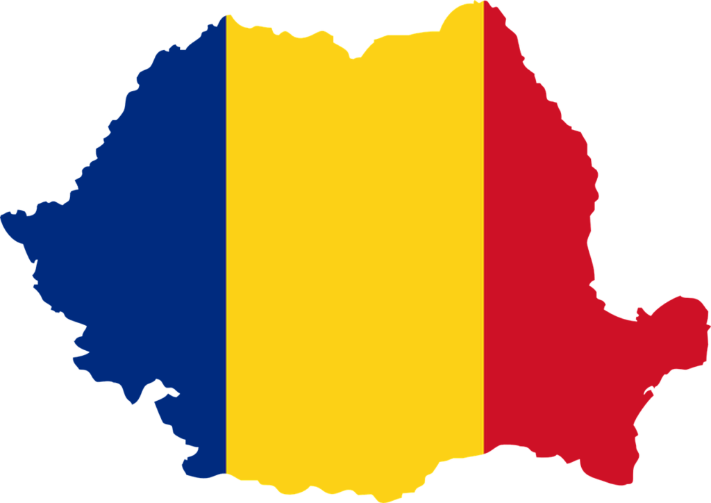 Mappa della Romania colorata (da sinistra verso destra) di blu, giallo e rosso, come la bandiera della Romania